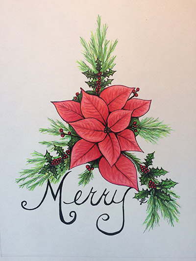 Laura's Creative Cottage. Merry Christmas Poinsettia. Illustration. Christmas card.